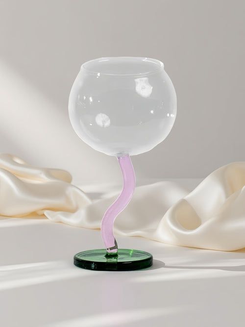 Handblown Bubble Wine Glass - Retro Whimsical Eclectic Wavy Stemmed