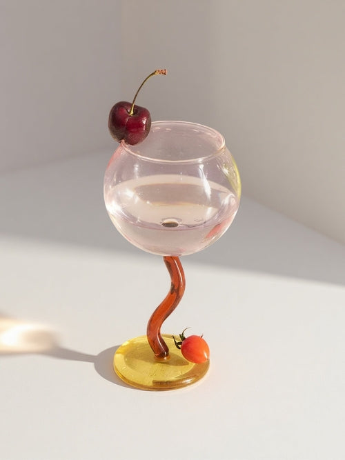 Handblown Bubble Wine Glass - Retro Whimsical Eclectic Wavy Stemmed