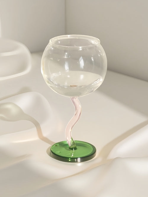 Handblown Bubble Wine Glass - Retro Whimsical Eclectic Wavy Stemmed