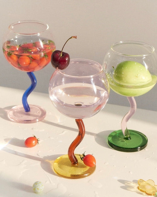Handblown Bubble Wine Glass - Retro Whimsical Eclectic Wavy Stemmed